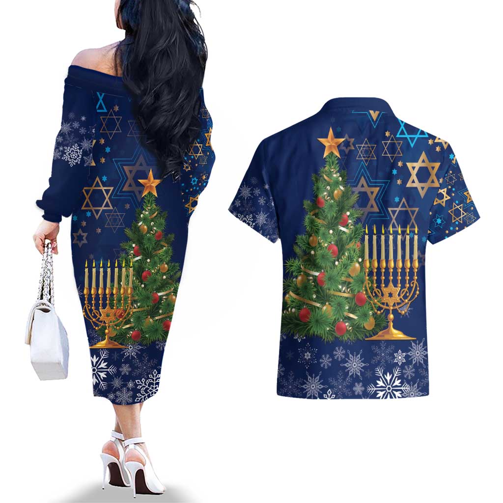 Merry Chrismukkah Couples Matching Off The Shoulder Long Sleeve Dress and Hawaiian Shirt Merry Christmas and Happy Hanukkah LT9 - Wonder Print Shop