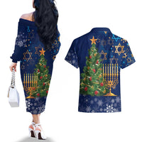 Merry Chrismukkah Couples Matching Off The Shoulder Long Sleeve Dress and Hawaiian Shirt Merry Christmas and Happy Hanukkah LT9 - Wonder Print Shop