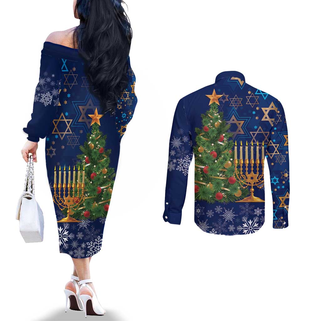 Merry Chrismukkah Couples Matching Off The Shoulder Long Sleeve Dress and Long Sleeve Button Shirt Merry Christmas and Happy Hanukkah