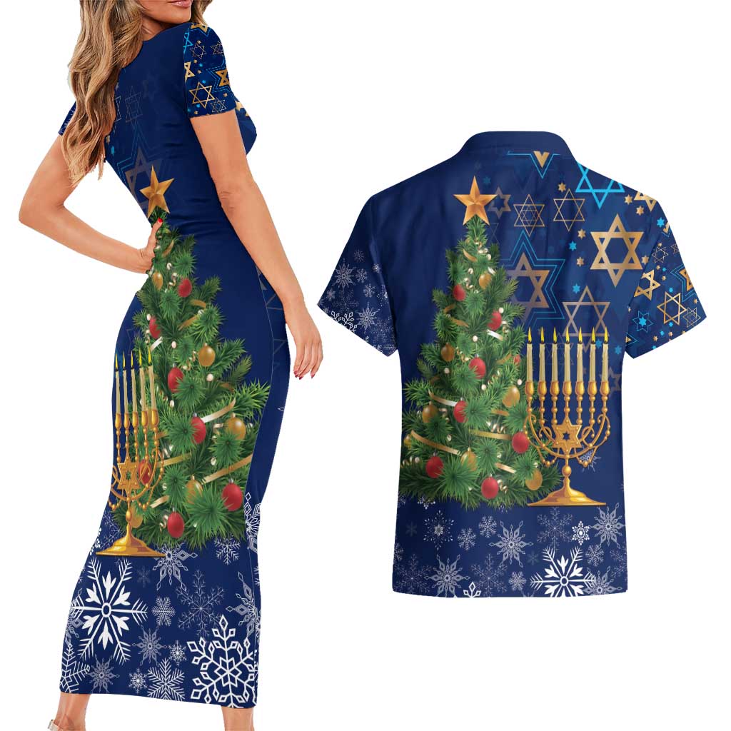 Merry Chrismukkah Couples Matching Short Sleeve Bodycon Dress and Hawaiian Shirt Merry Christmas and Happy Hanukkah LT9 - Wonder Print Shop