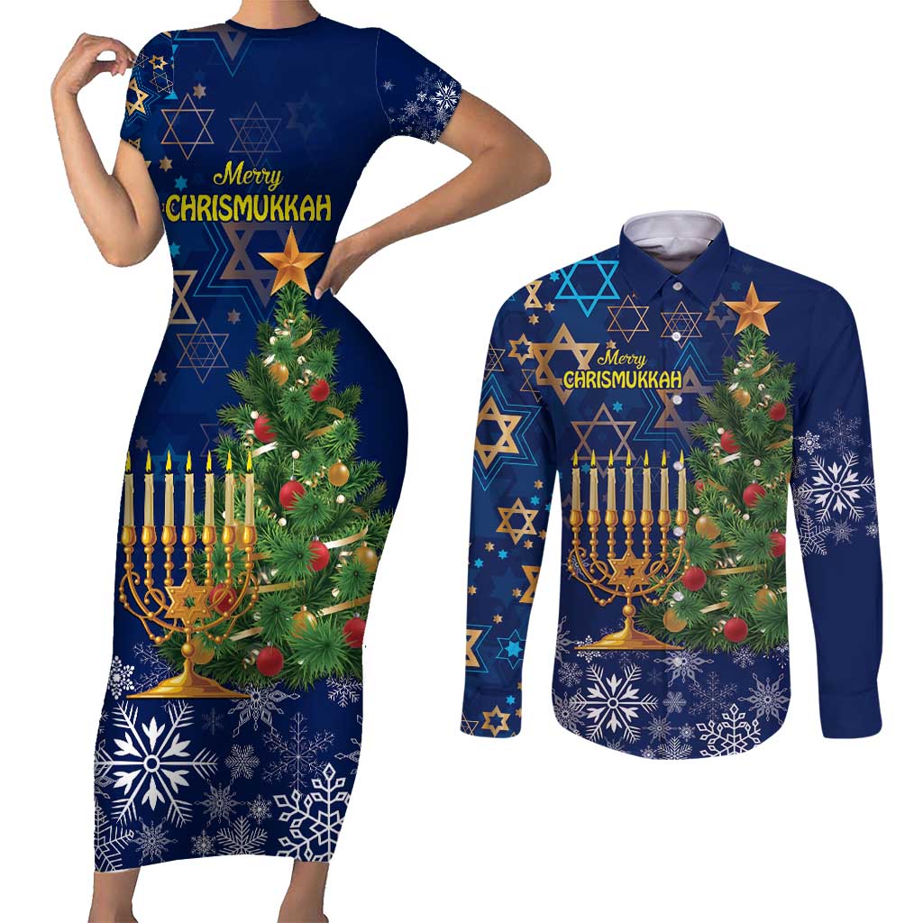 Merry Chrismukkah Couples Matching Short Sleeve Bodycon Dress and Long Sleeve Button Shirt Merry Christmas and Happy Hanukkah LT9 - Wonder Print Shop