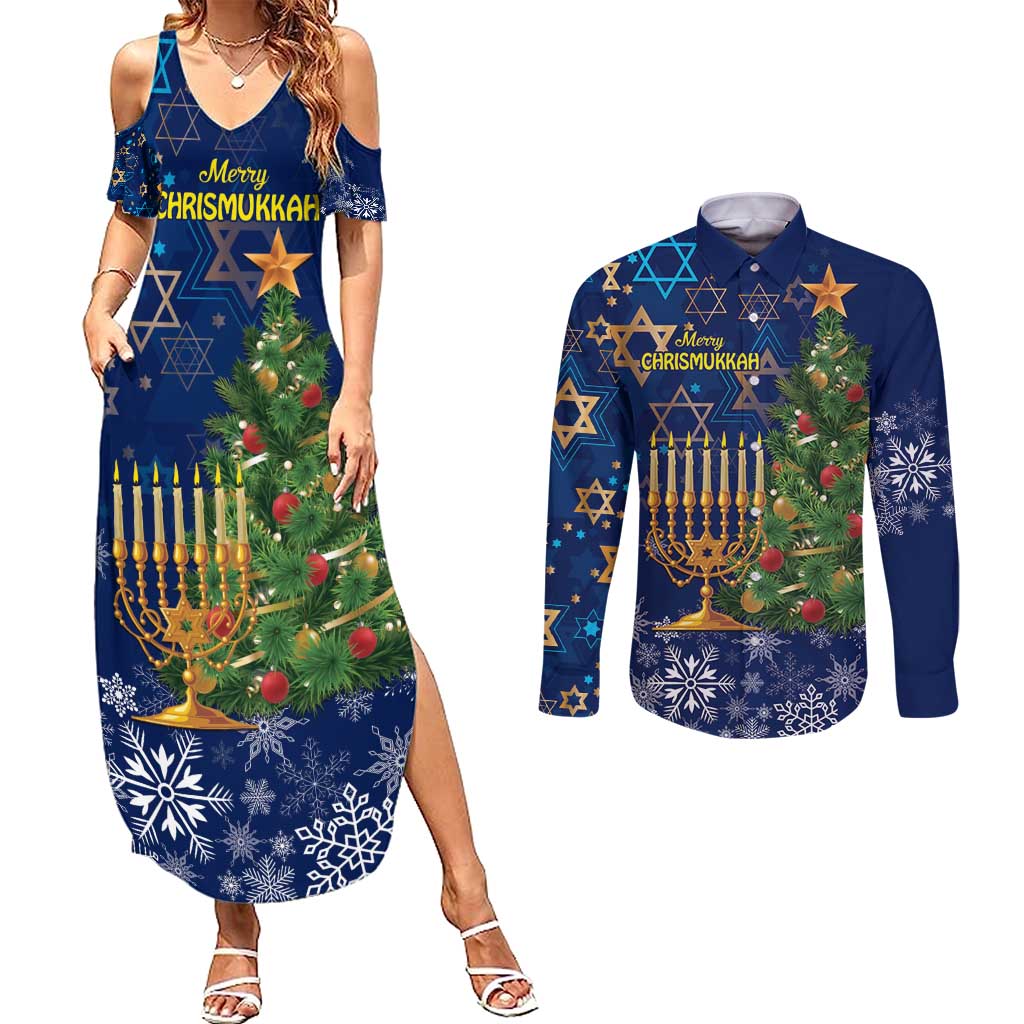 Merry Chrismukkah Couples Matching Summer Maxi Dress and Long Sleeve Button Shirt Merry Christmas and Happy Hanukkah LT9 - Wonder Print Shop