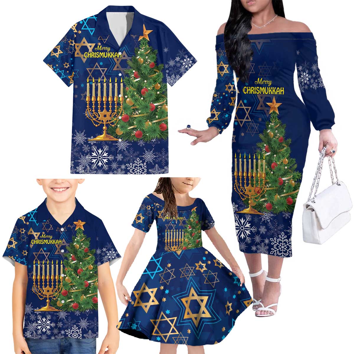 Merry Chrismukkah Family Matching Off The Shoulder Long Sleeve Dress and Hawaiian Shirt Merry Christmas and Happy Hanukkah - Wonder Print Shop