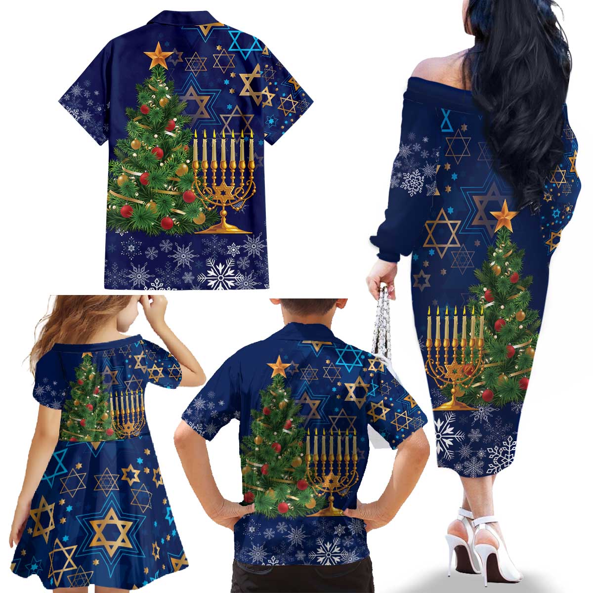 Merry Chrismukkah Family Matching Off The Shoulder Long Sleeve Dress and Hawaiian Shirt Merry Christmas and Happy Hanukkah - Wonder Print Shop