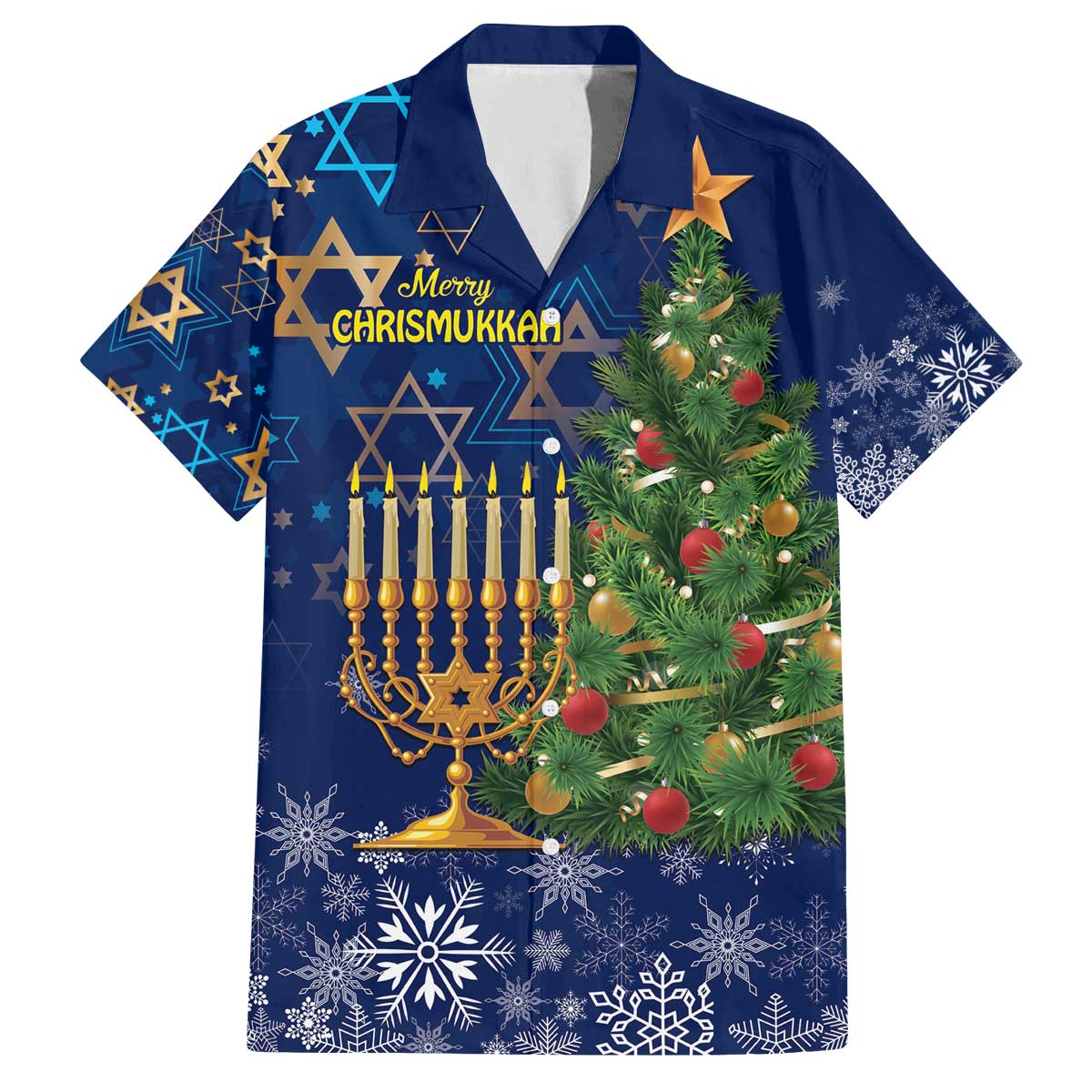 Merry Chrismukkah Family Matching Off The Shoulder Long Sleeve Dress and Hawaiian Shirt Merry Christmas and Happy Hanukkah - Wonder Print Shop