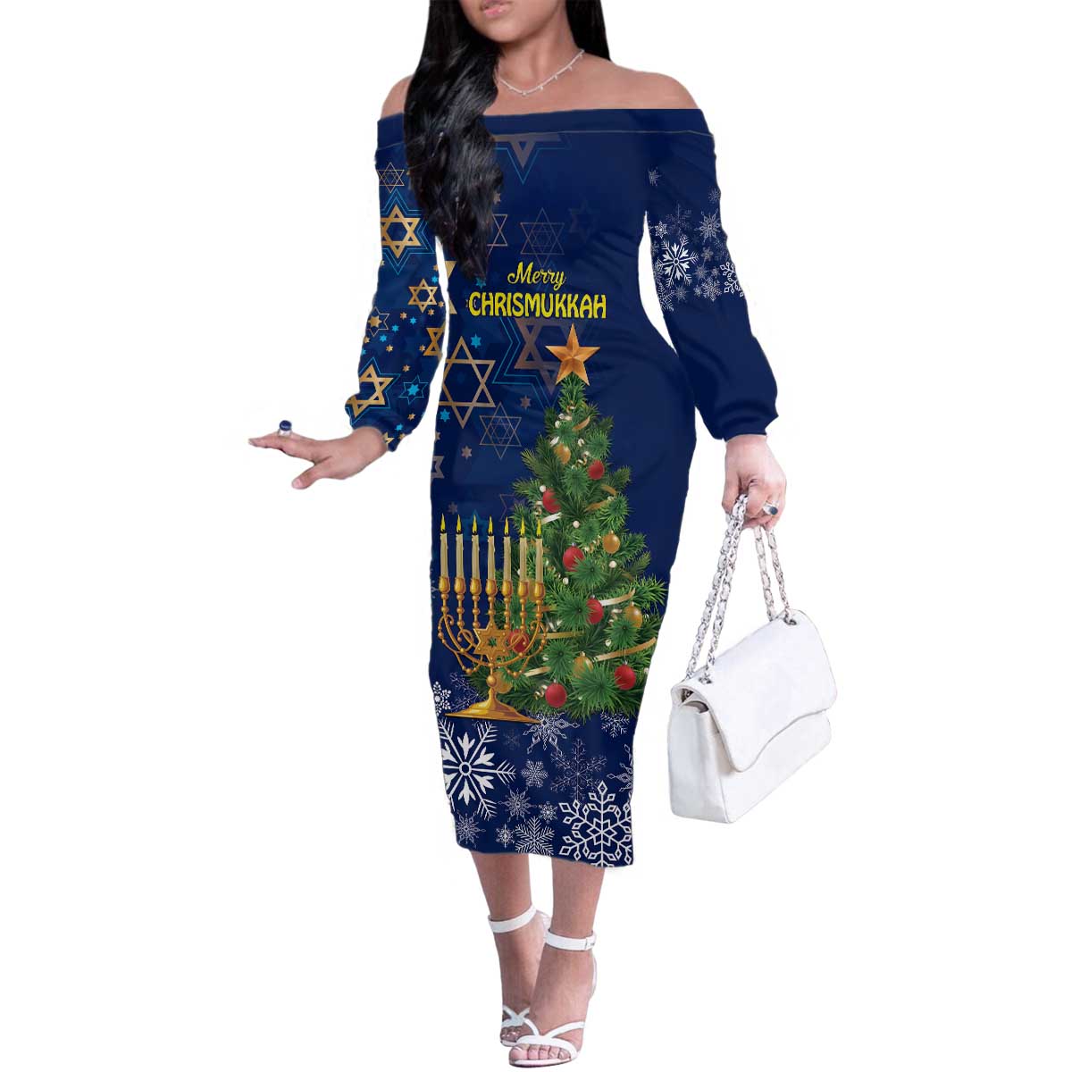 Merry Chrismukkah Family Matching Off The Shoulder Long Sleeve Dress and Hawaiian Shirt Merry Christmas and Happy Hanukkah - Wonder Print Shop
