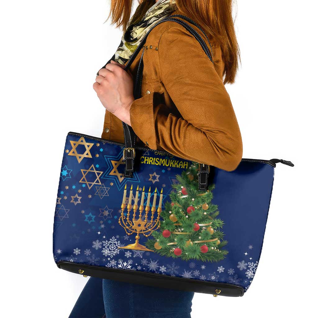 Merry Chrismukkah Leather Tote Bag Merry Christmas and Happy Hanukkah - Wonder Print Shop