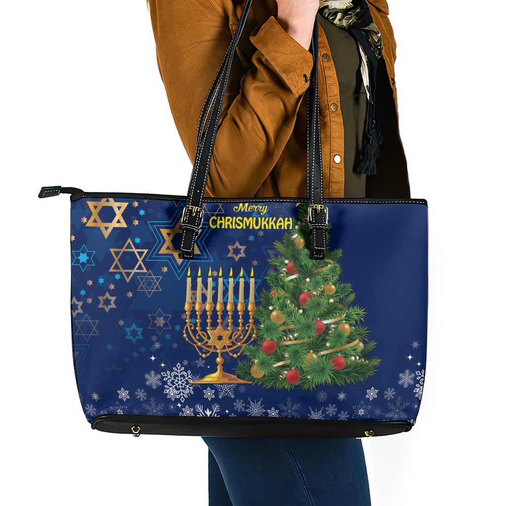 Merry Chrismukkah Leather Tote Bag Merry Christmas and Happy Hanukkah - Wonder Print Shop