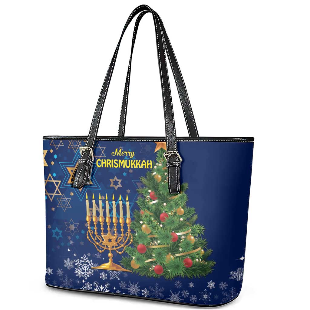 Merry Chrismukkah Leather Tote Bag Merry Christmas and Happy Hanukkah - Wonder Print Shop