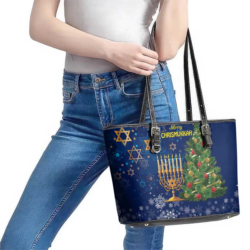 Merry Chrismukkah Leather Tote Bag Merry Christmas and Happy Hanukkah - Wonder Print Shop