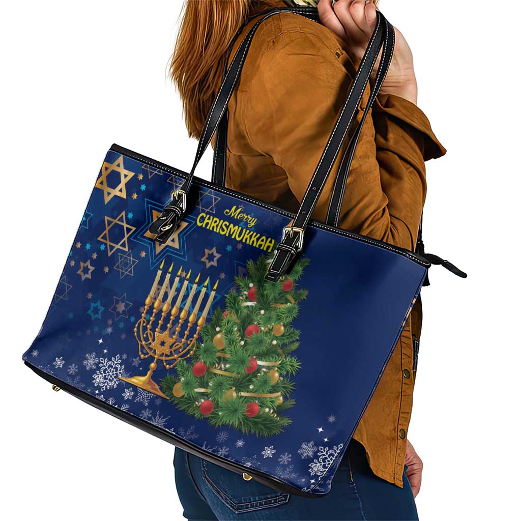 Merry Chrismukkah Leather Tote Bag Merry Christmas and Happy Hanukkah - Wonder Print Shop