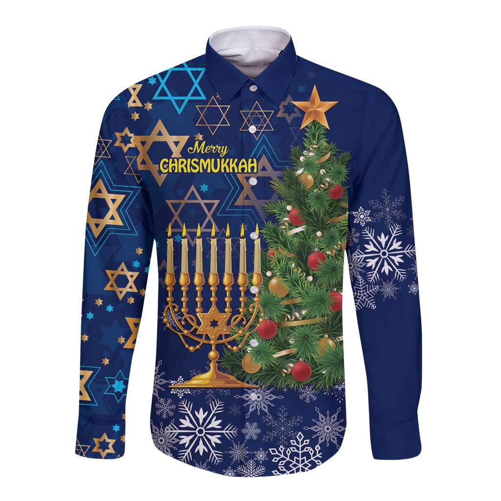 Merry Chrismukkah Long Sleeve Button Shirt Merry Christmas and Happy Hanukkah - Wonder Print Shop