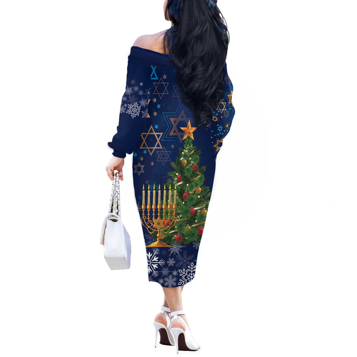 Merry Chrismukkah Off The Shoulder Long Sleeve Dress Merry Christmas and Happy Hanukkah - Wonder Print Shop