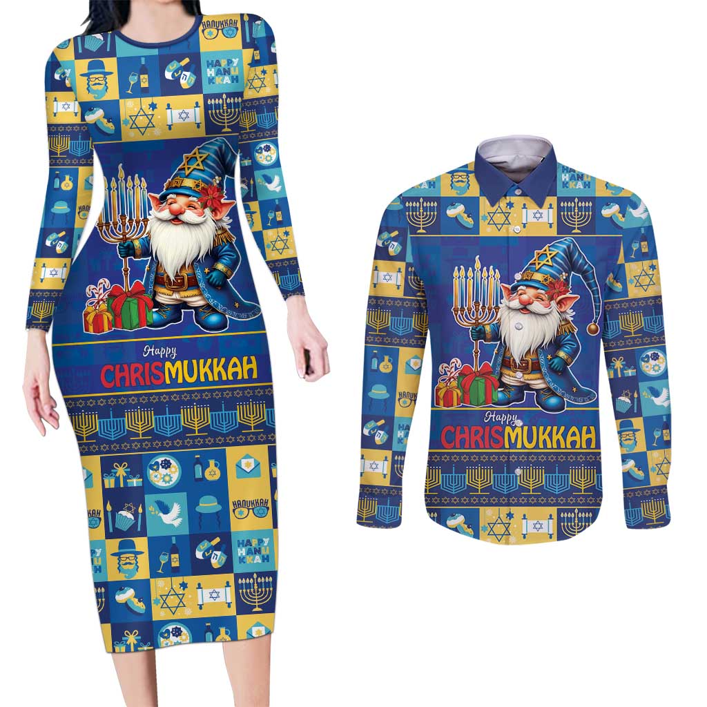 Merry Chrismukkah Couples Matching Long Sleeve Bodycon Dress and Long Sleeve Button Shirt With Gnome Christmas Hanukkah LT9 - Wonder Print Shop