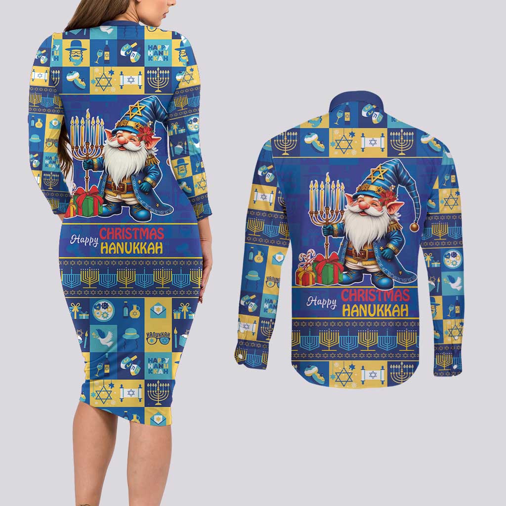 Merry Chrismukkah Couples Matching Long Sleeve Bodycon Dress and Long Sleeve Button Shirt With Gnome Christmas Hanukkah LT9 - Wonder Print Shop