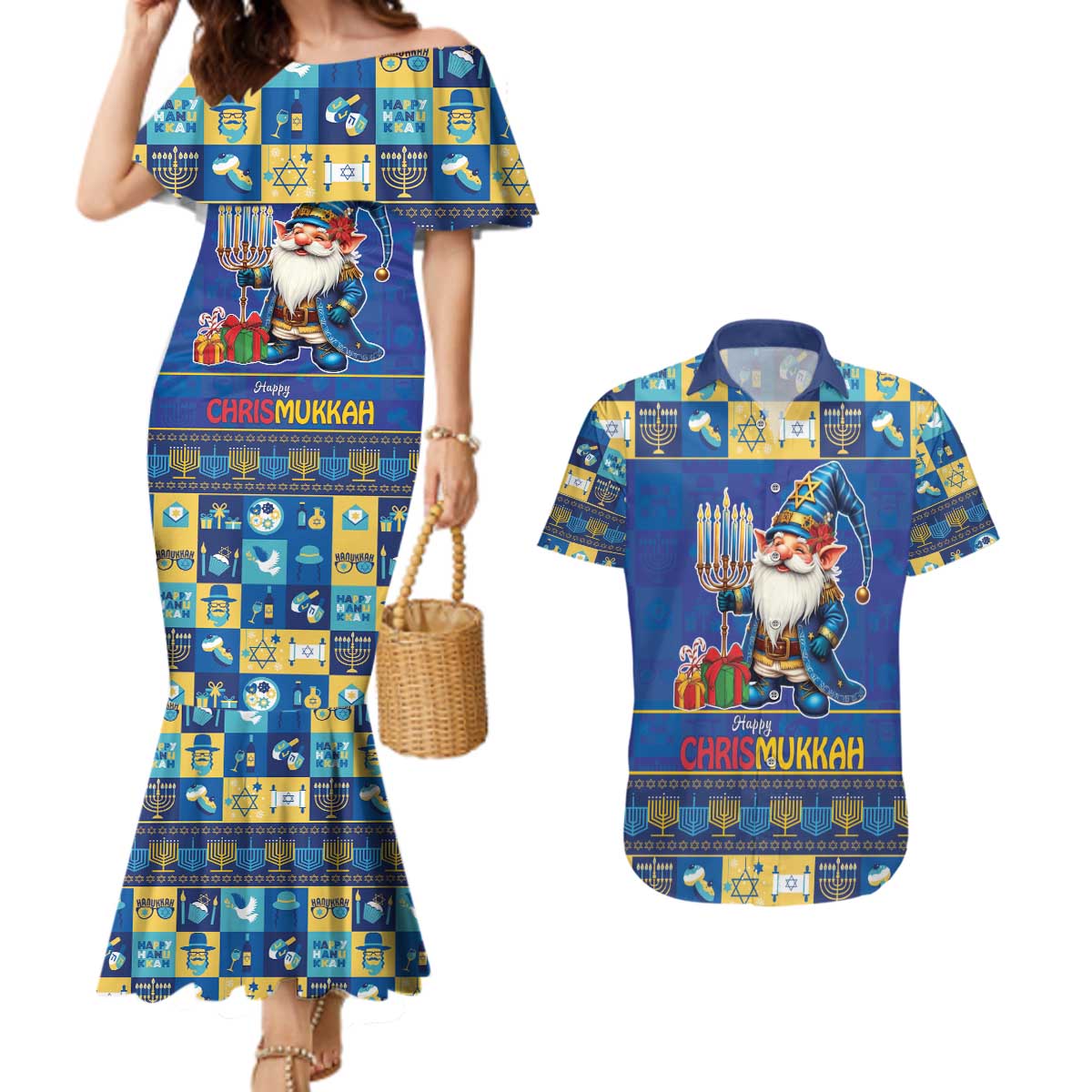 Merry Chrismukkah Couples Matching Mermaid Dress and Hawaiian Shirt With Gnome Christmas Hanukkah LT9 - Wonder Print Shop
