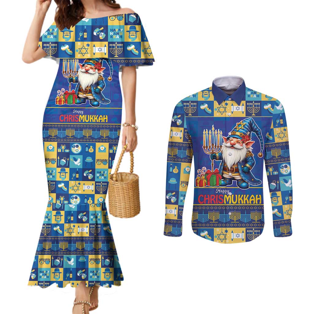 Merry Chrismukkah Couples Matching Mermaid Dress and Long Sleeve Button Shirt With Gnome Christmas Hanukkah