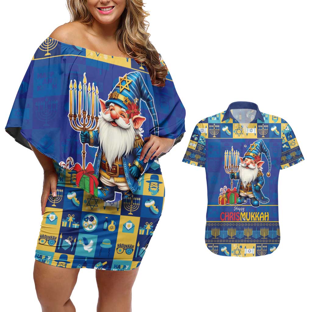 Merry Chrismukkah Couples Matching Off Shoulder Short Dress and Hawaiian Shirt With Gnome Christmas Hanukkah LT9 - Wonder Print Shop