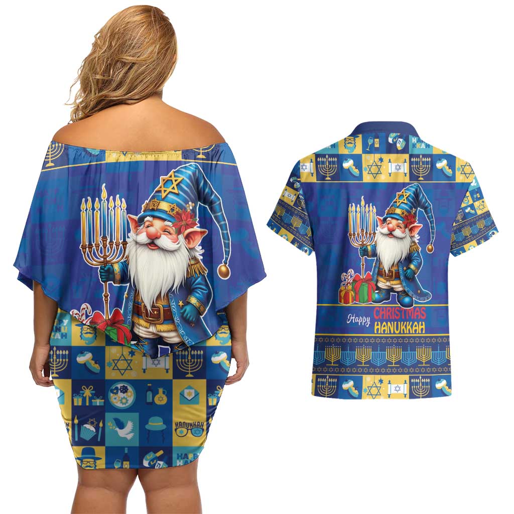 Merry Chrismukkah Couples Matching Off Shoulder Short Dress and Hawaiian Shirt With Gnome Christmas Hanukkah LT9 - Wonder Print Shop
