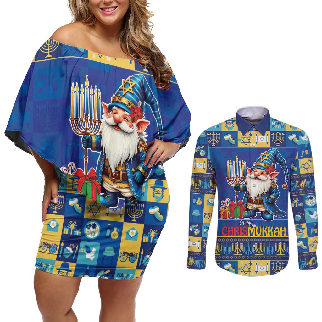 Merry Chrismukkah Couples Matching Off Shoulder Short Dress and Long Sleeve Button Shirt With Gnome Christmas Hanukkah LT9 - Wonder Print Shop