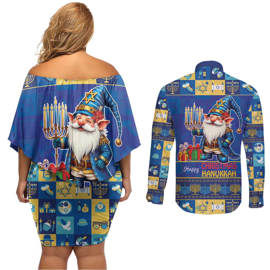 Merry Chrismukkah Couples Matching Off Shoulder Short Dress and Long Sleeve Button Shirt With Gnome Christmas Hanukkah LT9 - Wonder Print Shop