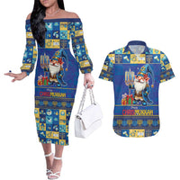 Merry Chrismukkah Couples Matching Off The Shoulder Long Sleeve Dress and Hawaiian Shirt With Gnome Christmas Hanukkah LT9 - Wonder Print Shop