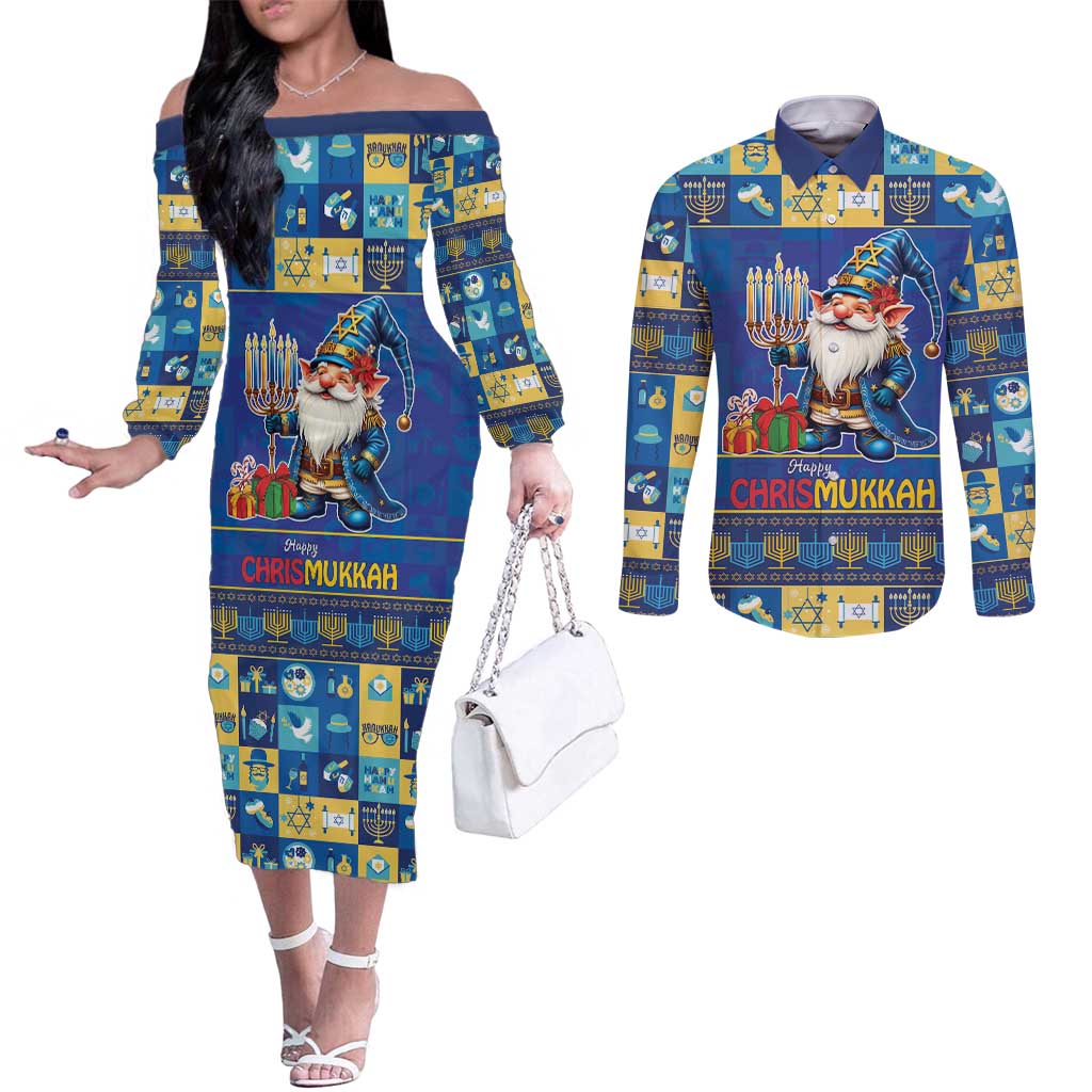 Merry Chrismukkah Couples Matching Off The Shoulder Long Sleeve Dress and Long Sleeve Button Shirt With Gnome Christmas Hanukkah