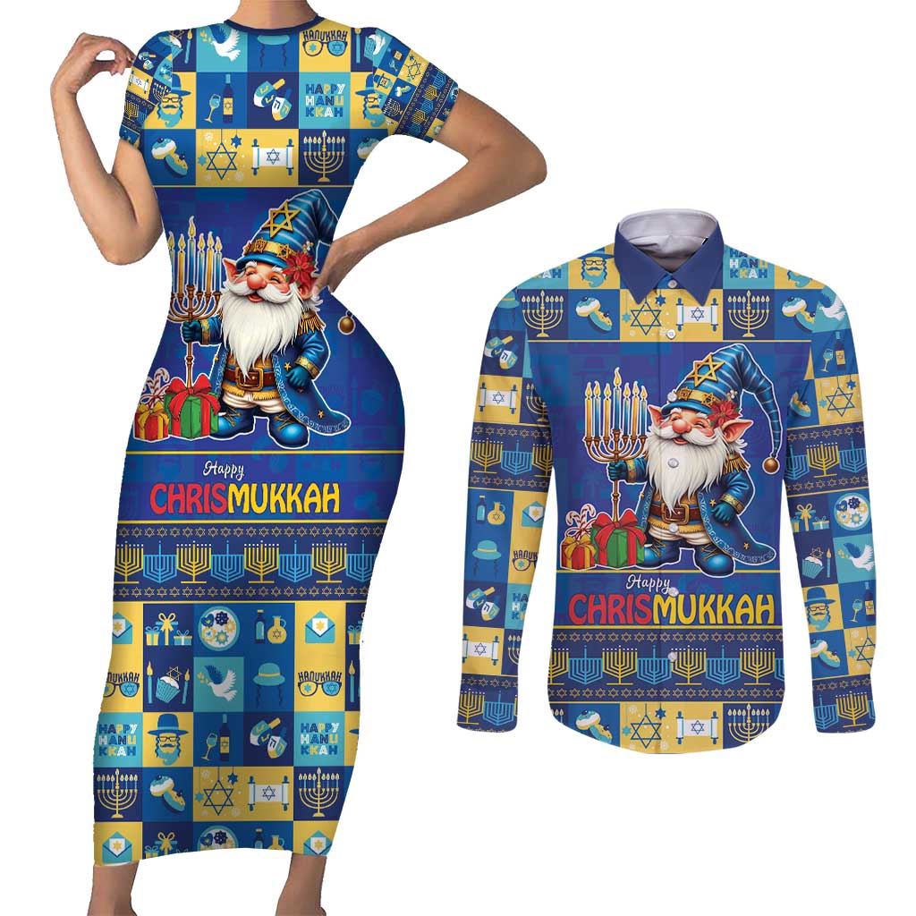 Merry Chrismukkah Couples Matching Short Sleeve Bodycon Dress and Long Sleeve Button Shirt With Gnome Christmas Hanukkah LT9 - Wonder Print Shop