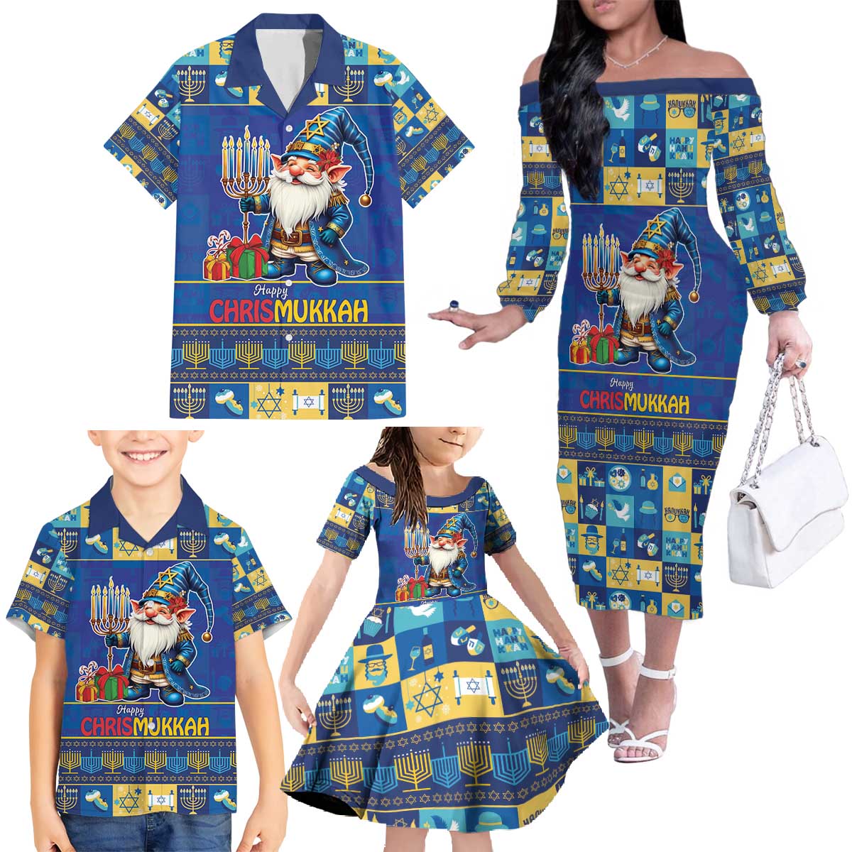 Merry Chrismukkah Family Matching Off The Shoulder Long Sleeve Dress and Hawaiian Shirt With Gnome Christmas Hanukkah - Wonder Print Shop