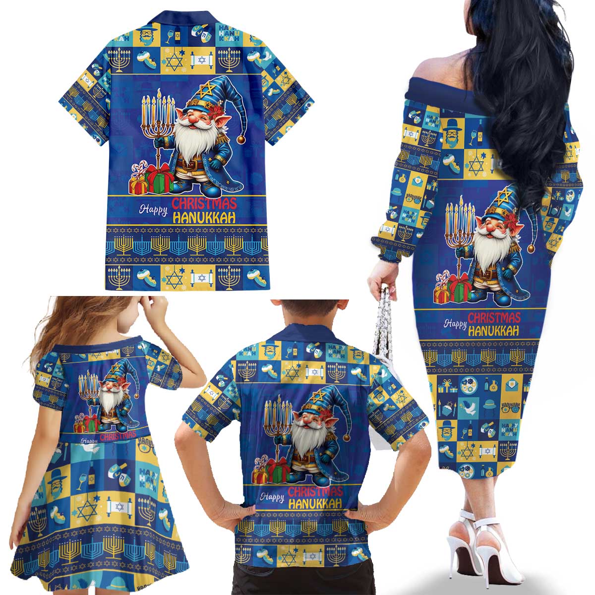 Merry Chrismukkah Family Matching Off The Shoulder Long Sleeve Dress and Hawaiian Shirt With Gnome Christmas Hanukkah - Wonder Print Shop