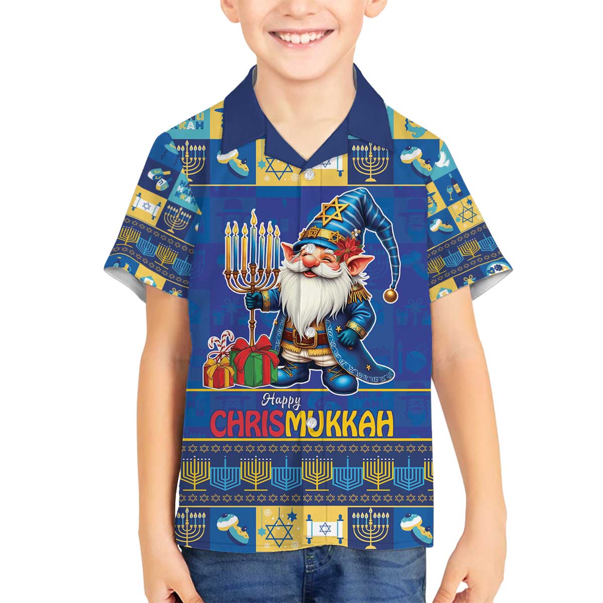 Merry Chrismukkah Family Matching Off The Shoulder Long Sleeve Dress and Hawaiian Shirt With Gnome Christmas Hanukkah - Wonder Print Shop