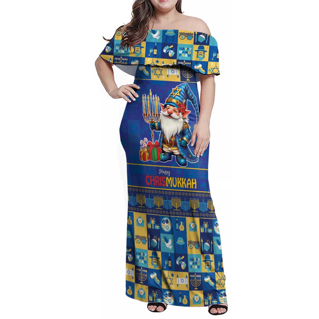 Merry Chrismukkah Family Matching Off Shoulder Maxi Dress and Hawaiian Shirt With Gnome Christmas Hanukkah LT9 - Wonder Print Shop