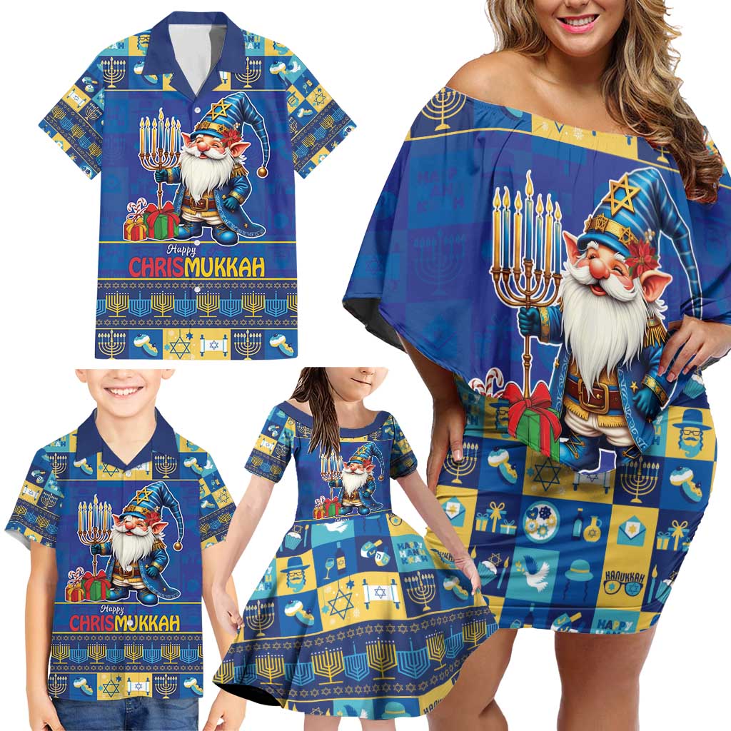 Merry Chrismukkah Family Matching Off Shoulder Short Dress and Hawaiian Shirt With Gnome Christmas Hanukkah LT9 - Wonder Print Shop