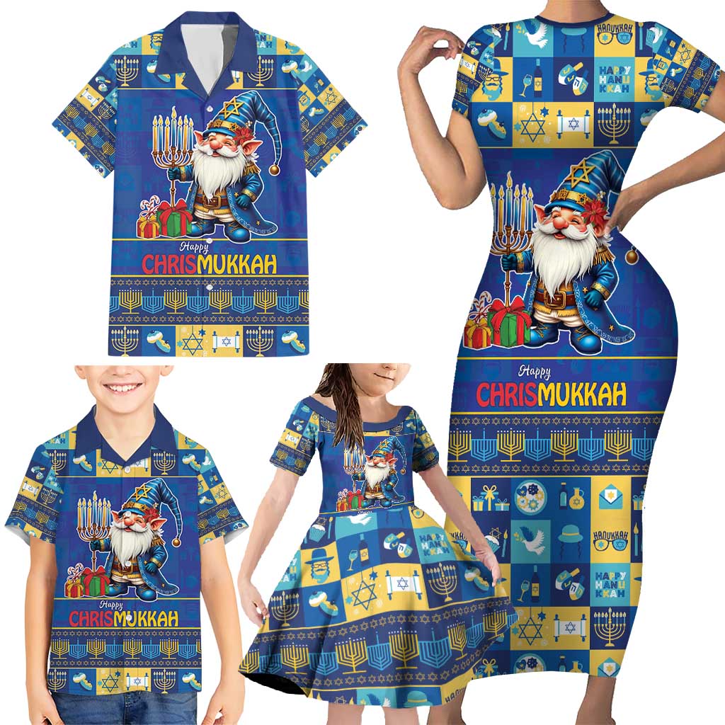Merry Chrismukkah Family Matching Short Sleeve Bodycon Dress and Hawaiian Shirt With Gnome Christmas Hanukkah - Wonder Print Shop