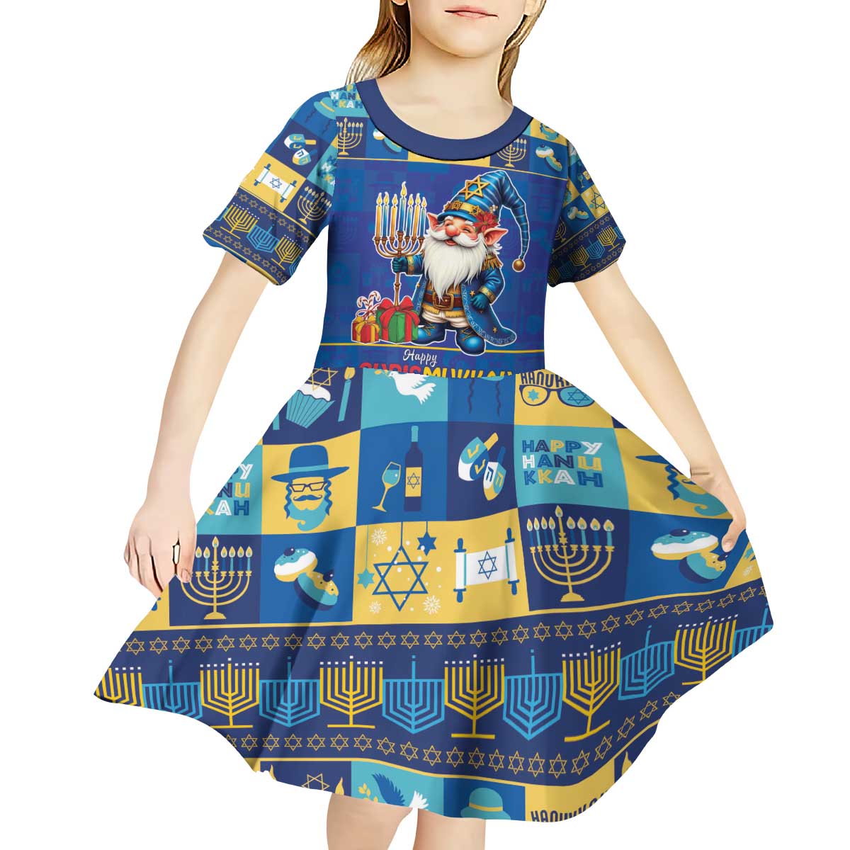 Merry Chrismukkah Kid Short Sleeve Dress With Gnome Christmas Hanukkah - Wonder Print Shop