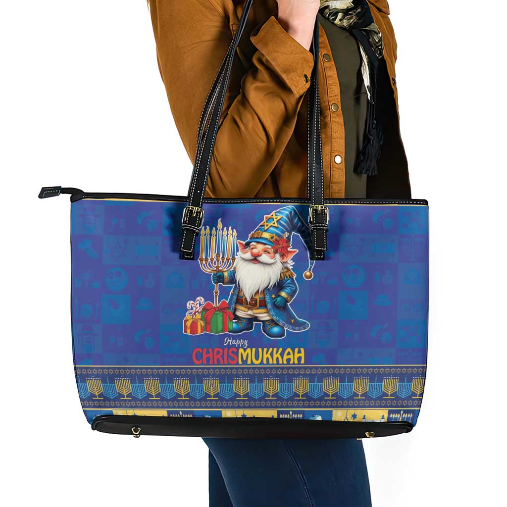 Merry Chrismukkah Leather Tote Bag With Gnome Christmas Hanukkah - Wonder Print Shop