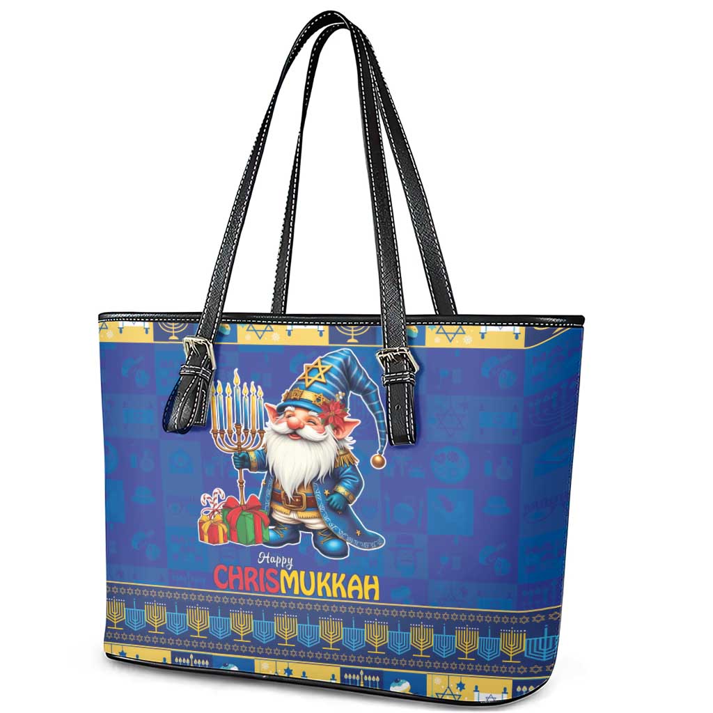 Merry Chrismukkah Leather Tote Bag With Gnome Christmas Hanukkah - Wonder Print Shop
