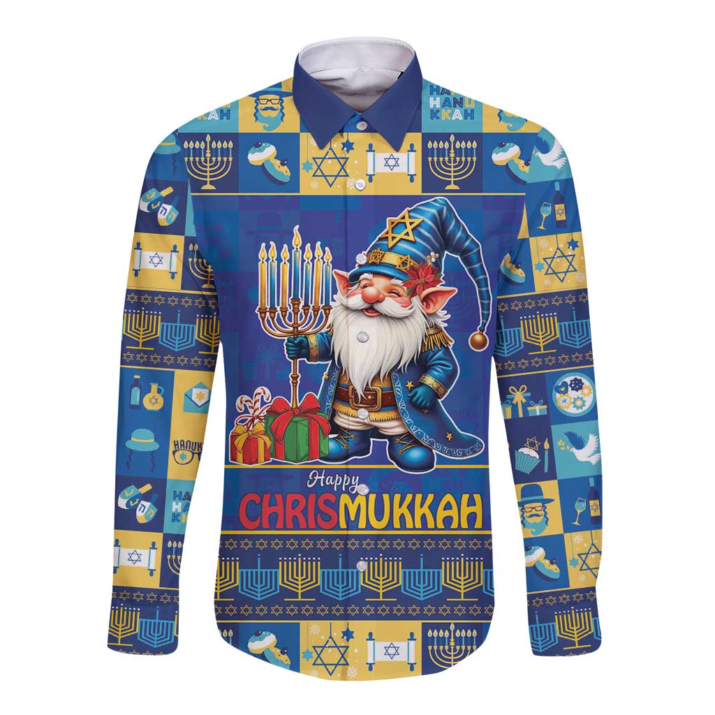 Merry Chrismukkah Long Sleeve Button Shirt With Gnome Christmas Hanukkah - Wonder Print Shop