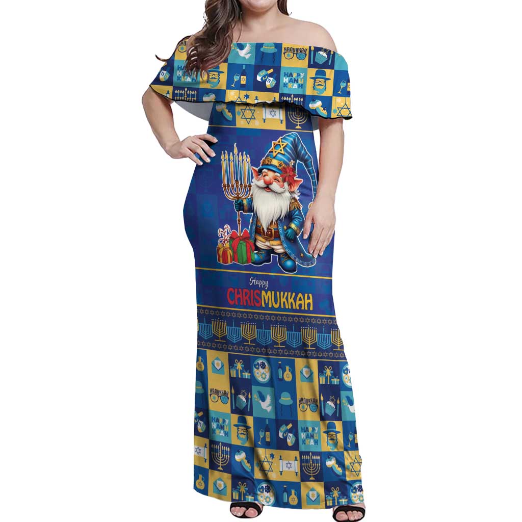 Merry Chrismukkah Off Shoulder Maxi Dress With Gnome Christmas Hanukkah - Wonder Print Shop