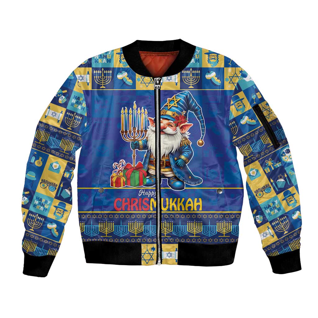 Merry Chrismukkah Sleeve Zip Bomber Jacket With Gnome Christmas Hanukkah - Wonder Print Shop