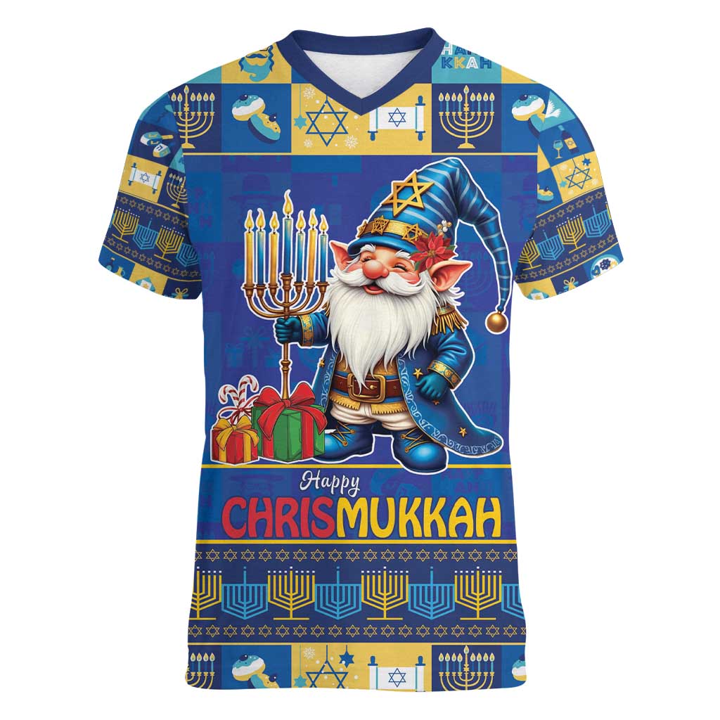 Merry Chrismukkah Women V-Neck T-Shirt With Gnome Christmas Hanukkah - Wonder Print Shop