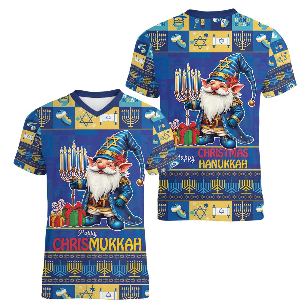 Merry Chrismukkah Women V-Neck T-Shirt With Gnome Christmas Hanukkah - Wonder Print Shop