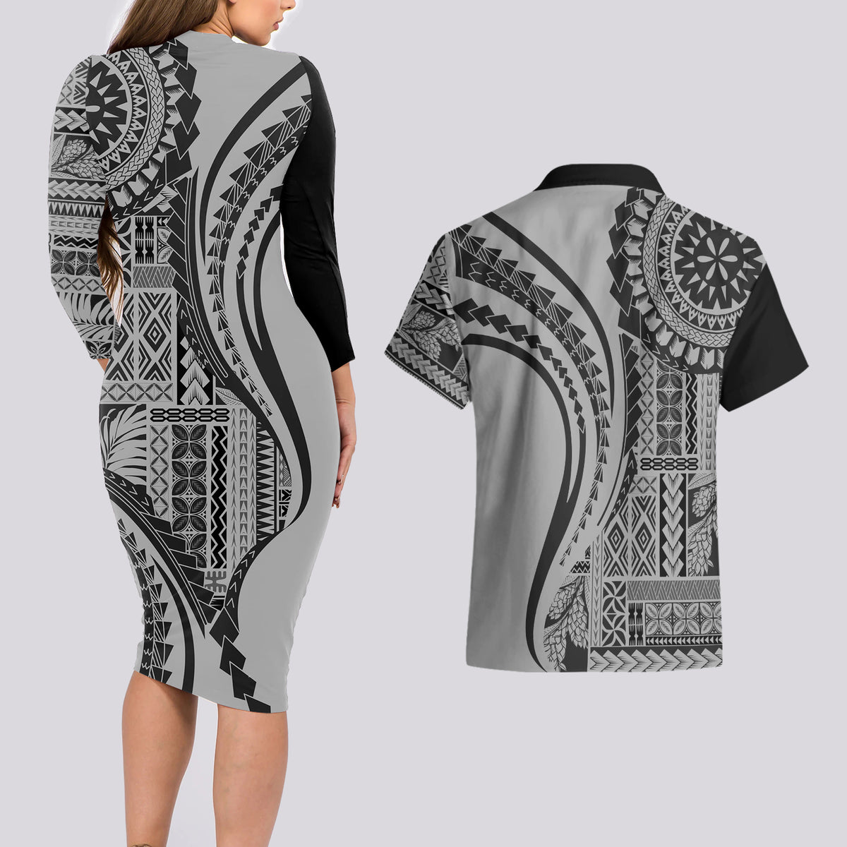 Samoa Siapo Arty Couples Matching Long Sleeve Bodycon Dress and Hawaiian Shirt Black Style LT9 - Wonder Print Shop