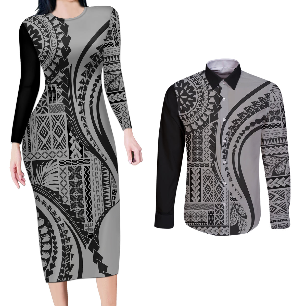 Samoa Siapo Arty Couples Matching Long Sleeve Bodycon Dress and Long Sleeve Button Shirt Black Style LT9 - Wonder Print Shop