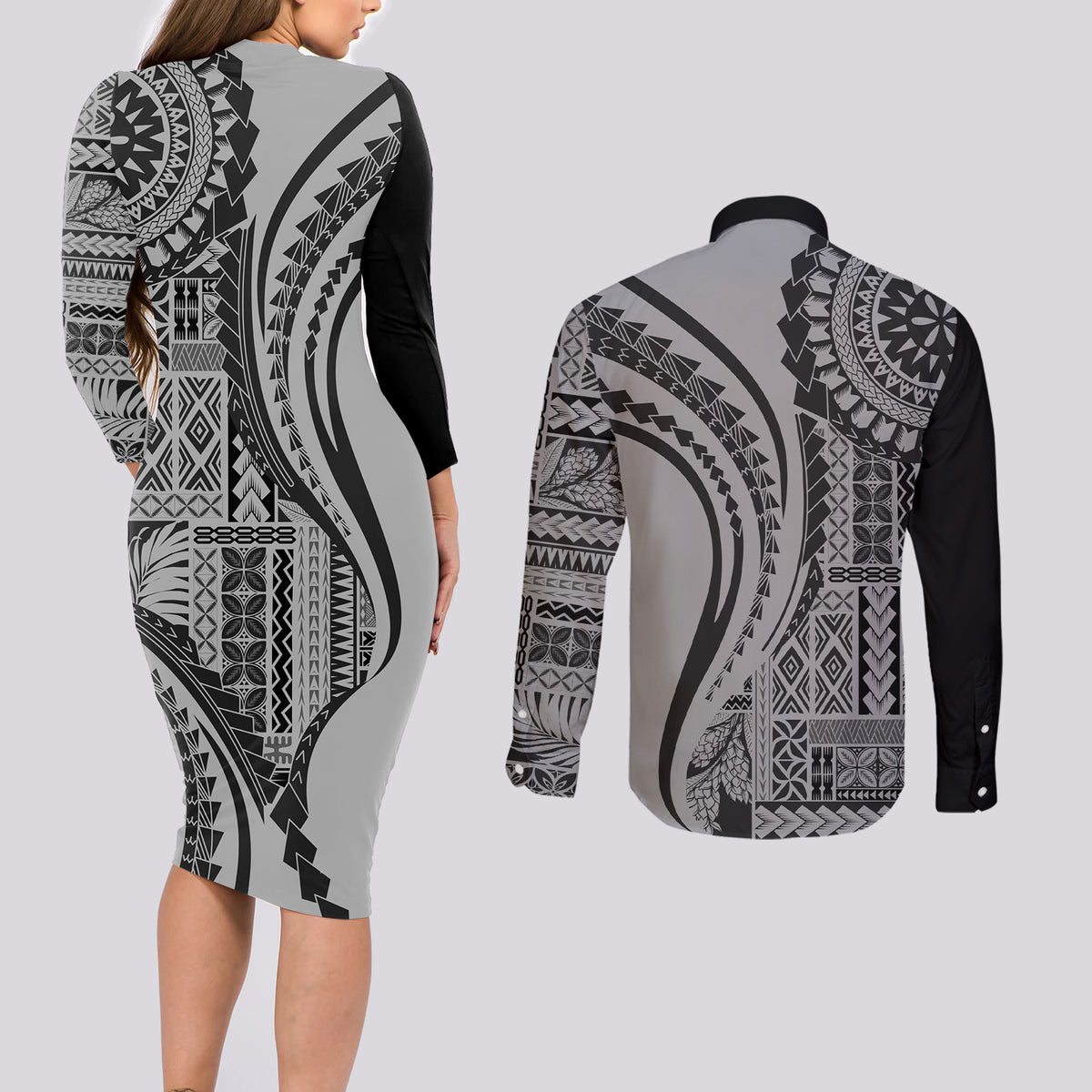 Samoa Siapo Arty Couples Matching Long Sleeve Bodycon Dress and Long Sleeve Button Shirt Black Style LT9 - Wonder Print Shop