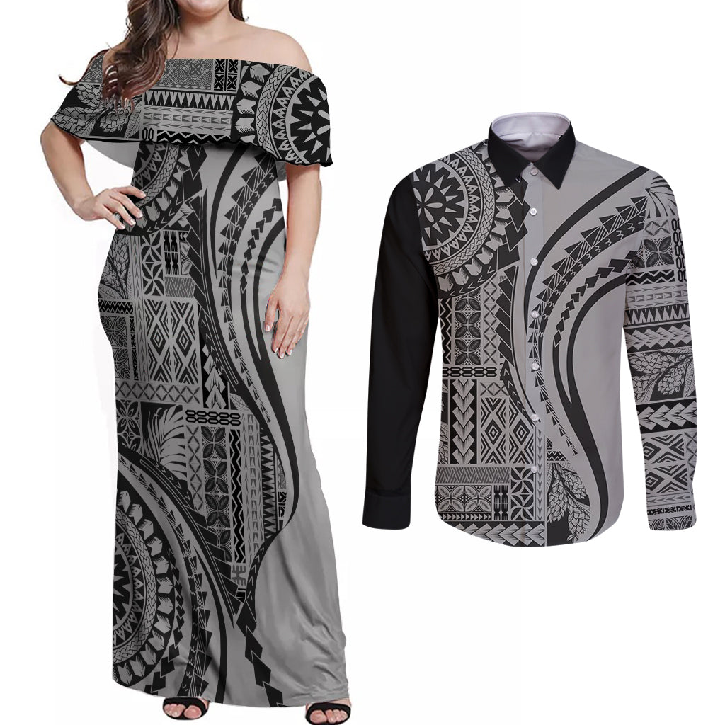 Samoa Siapo Arty Couples Matching Off Shoulder Maxi Dress and Long Sleeve Button Shirt Black Style LT9 - Wonder Print Shop