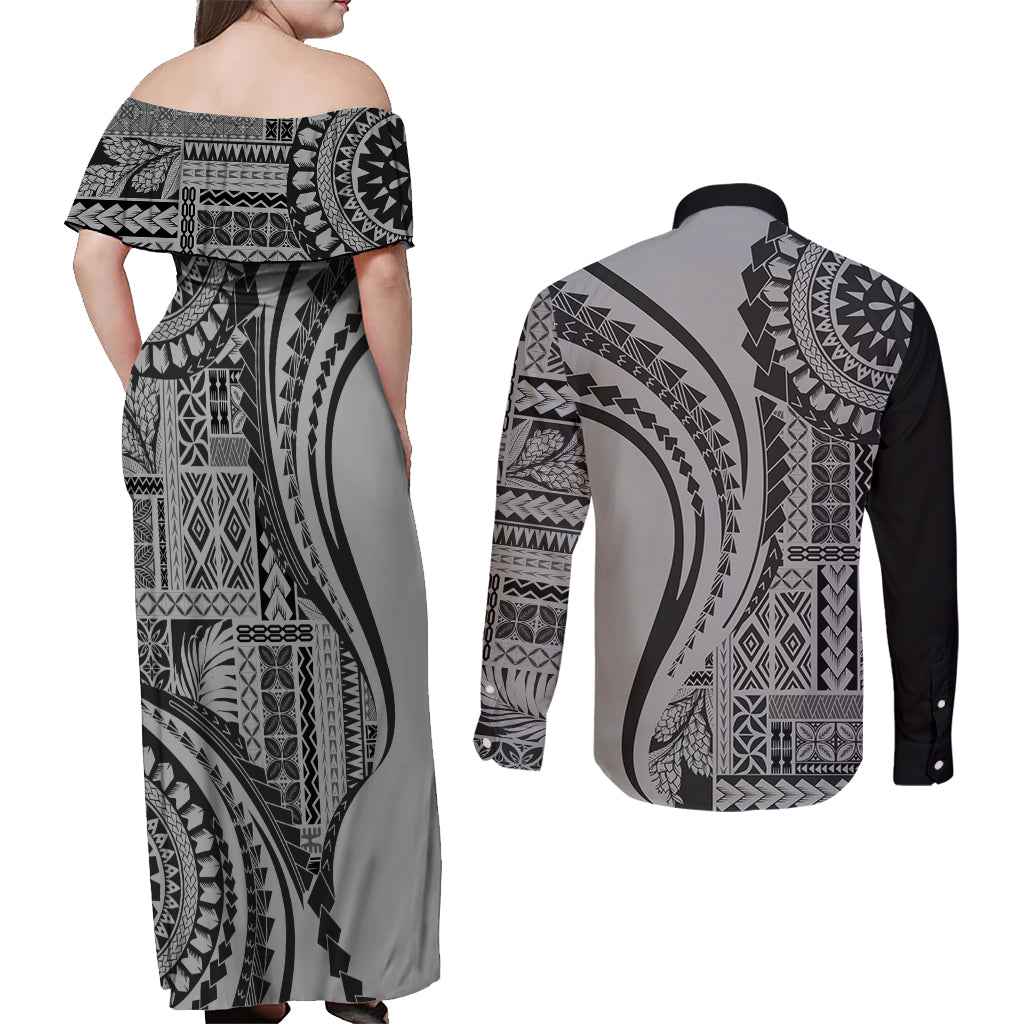 Samoa Siapo Arty Couples Matching Off Shoulder Maxi Dress and Long Sleeve Button Shirt Black Style LT9 - Wonder Print Shop