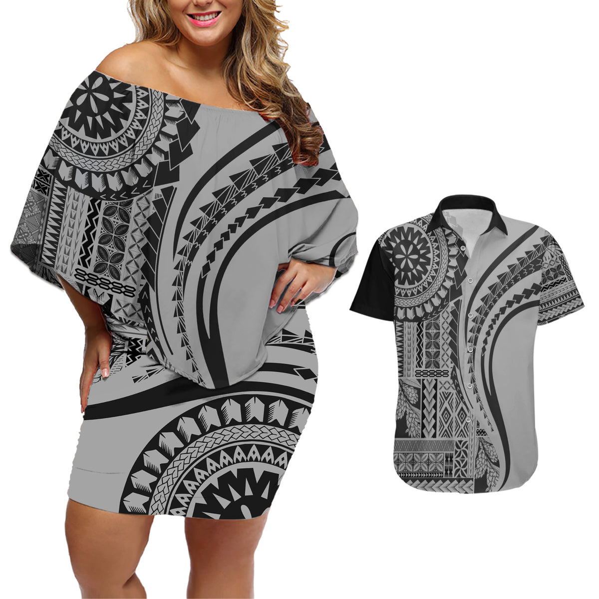Samoa Siapo Arty Couples Matching Off Shoulder Short Dress and Hawaiian Shirt Black Style LT9 - Wonder Print Shop