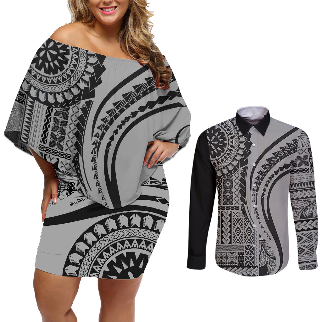 Samoa Siapo Arty Couples Matching Off Shoulder Short Dress and Long Sleeve Button Shirt Black Style LT9 - Wonder Print Shop