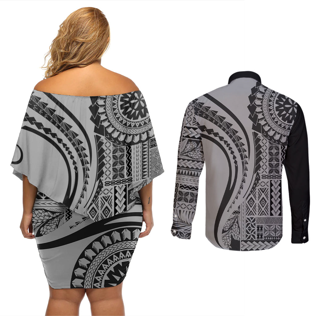 Samoa Siapo Arty Couples Matching Off Shoulder Short Dress and Long Sleeve Button Shirt Black Style LT9 - Wonder Print Shop